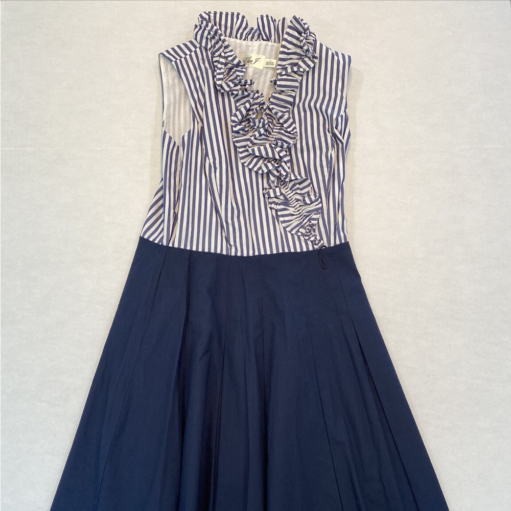 NWT Eliza J Navy Striped Ruffle Neck Sleeveless Dress Fit & Flare Midi Size 8